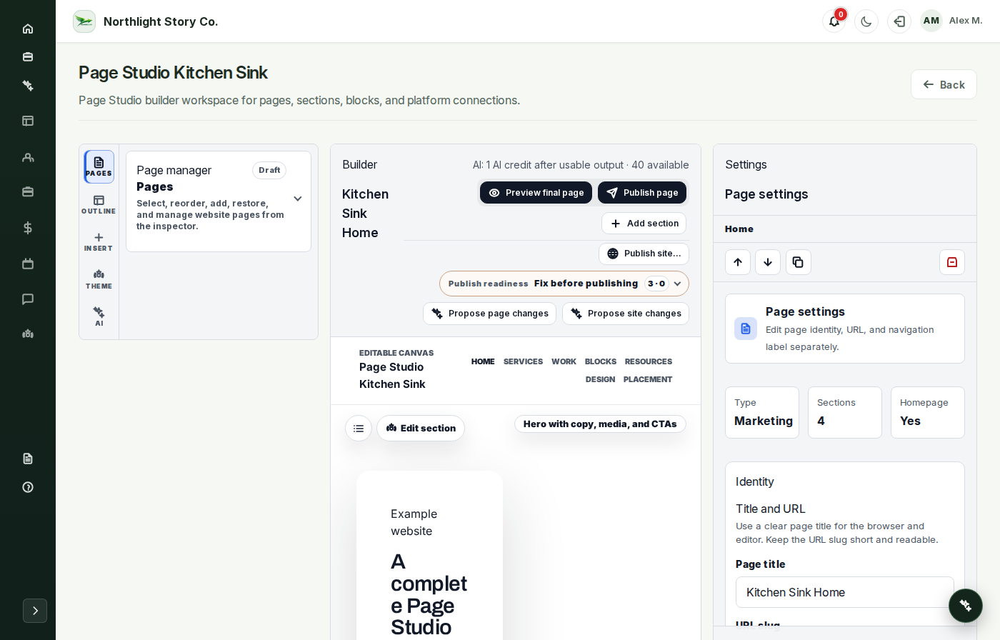 The Page Studio editor showing the page manager, editable canvas, and publish readiness checks